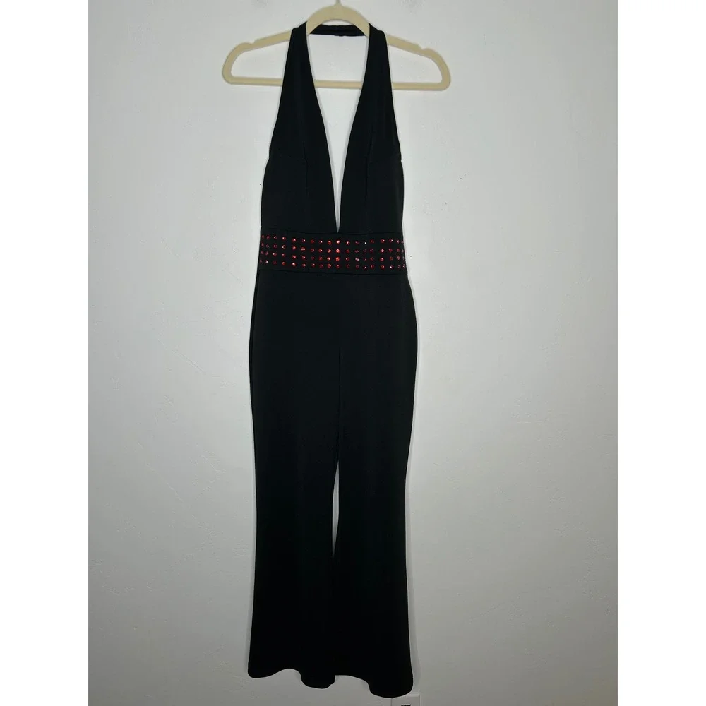 VNTG 90's/00's Fredericks of Hollywood Halter Jumpsuit Red Rhinestones Small